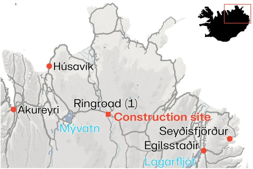 Ring Road Bridge to Close for Hours at a Time Map of Northeast Iceland showing the location of the Jökulsá á Fjöllum bridge on the Ring Road