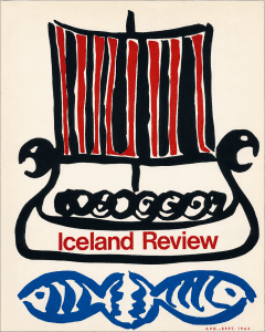 Cover of the August–September 1963 issue of Iceland Review, featuring a stylised Viking ship in black and red above a blue fish motif.