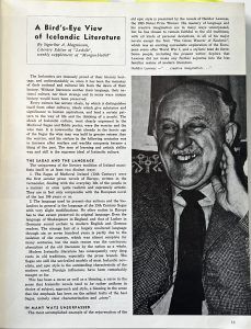 First page of Sigurður A. Magnússon’s “A Bird’s-Eye View of Icelandic Literature” in Iceland Review, featuring a portrait of Halldór Laxness.
